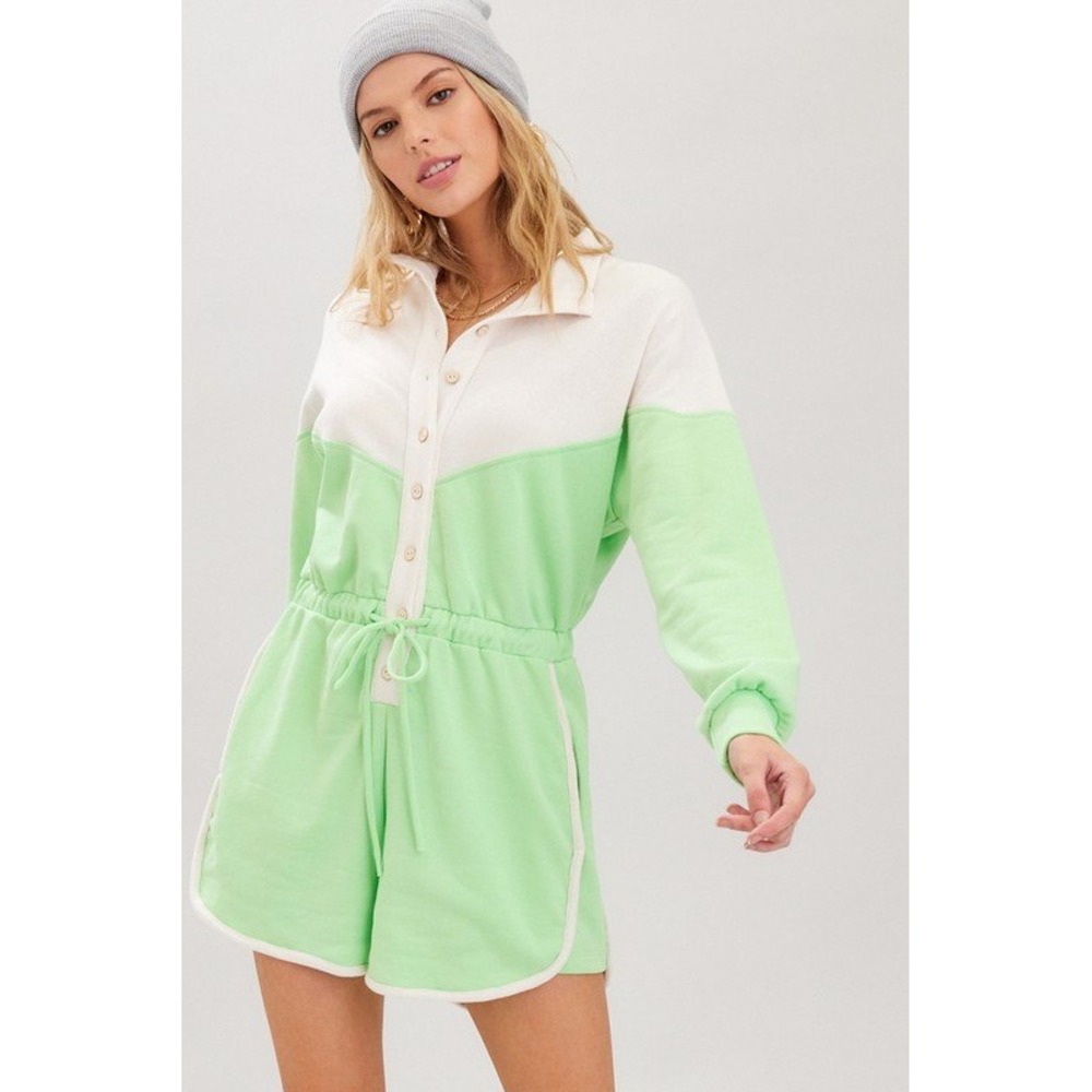 R230. Colorblock French‎ Terry Long Sleeve Romper with Drawstring Waist